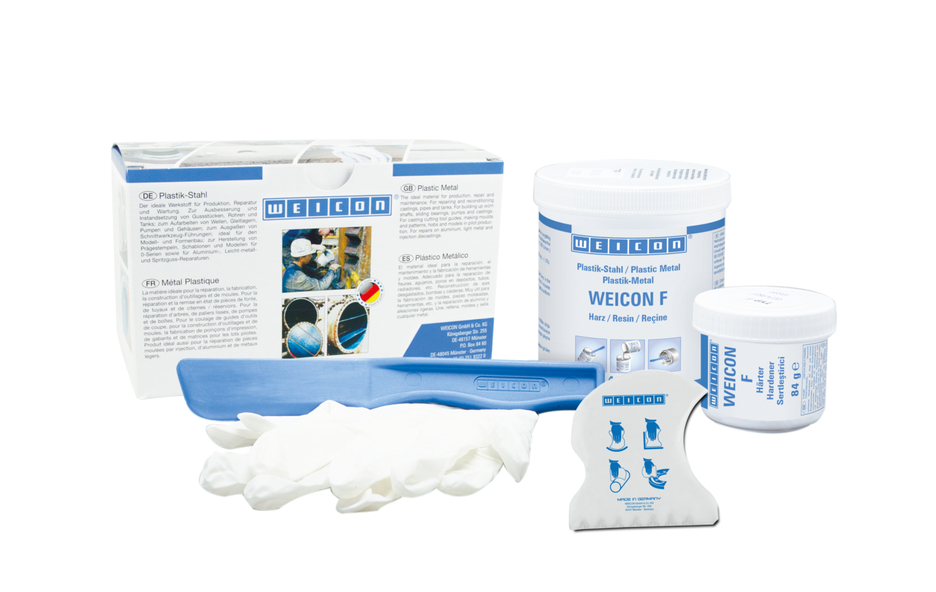 WEICON F ซีเมนต์เหล็กเติมเต็มพื้นผิว | ระบบเรซินอีพอกซีเติมอลูมิเนียมสำหรับการซ่อมแซมและการทำแม่พิมพ์