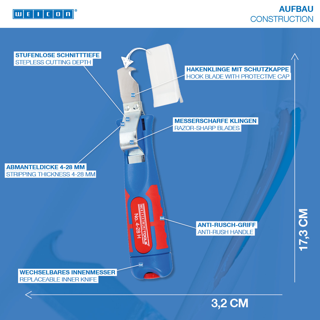 เครื่องปอกสาย No. 4 - 28 H | พร้อมด้ามจับพลาสติกเสริมใยแก้วแบบสองส่วน พร้อมใบมีดตะขอและฝาครอบป้องกัน ช่วงการทำงาน 4 - 28 มม. Ø