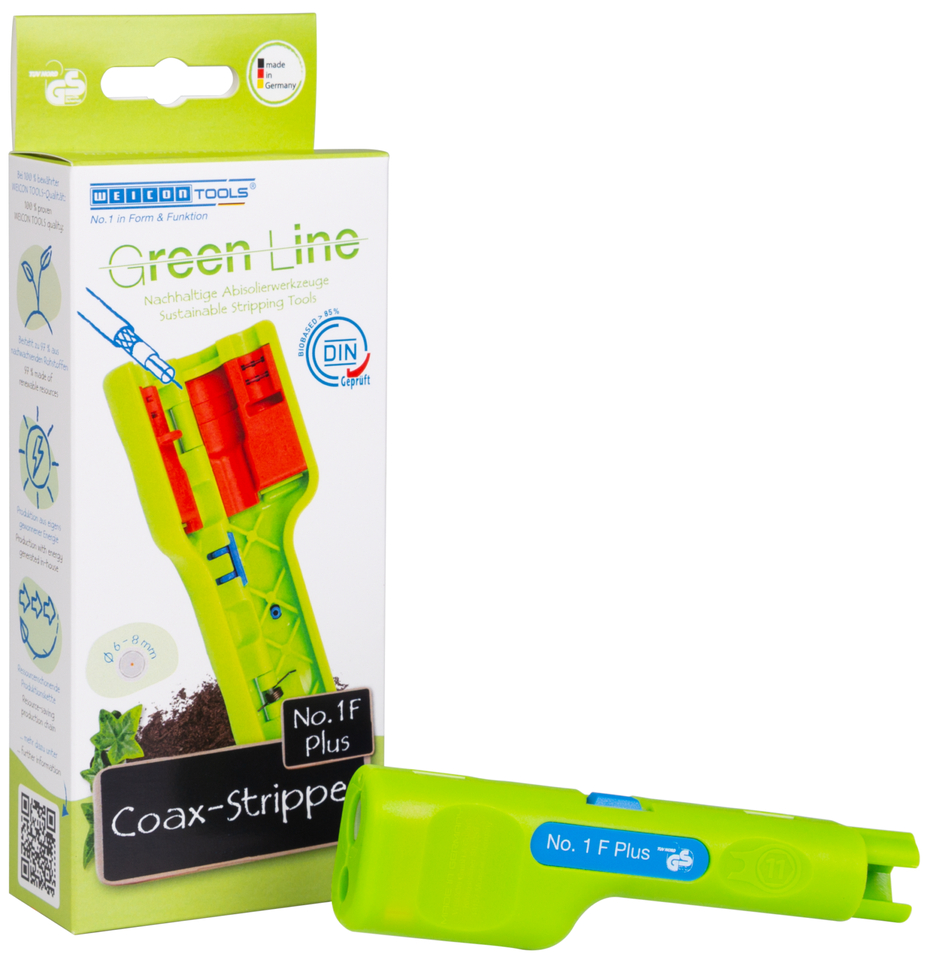 Coax-Stripper หมายเลข 1 F Plus Green Line - เหมาะสำหรับปลั๊ก F-screw connectors | เครื่องมือลอกสายที่ยั่งยืน I สำหรับการลอกและการลอกสายโคแอกเซียล รวมถึงเครื่องมือช่วยในการคลายเกลียว