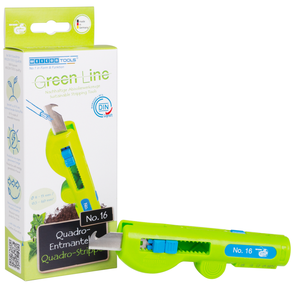 Quadro-Stripper No.16 Green Line | เครื่องมือลอกสายที่ยั่งยืน I เครื่องลอกสายหลายฟังก์ชัน, ช่วงการลอก 0.5 - 6.0 มม² I การลอกสาย 8 - 13 มม. Ø