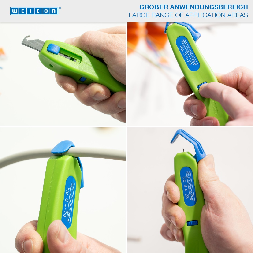 เครื่องปอกสายเคเบิล รุ่น S 4 - 28 Green Line | เครื่องมือปอกสายที่ยั่งยืน | พร้อมใบมีดตะขอที่สามารถดึงกลับได้ | ช่วงการทำงาน 4 - 28 มม. Ø