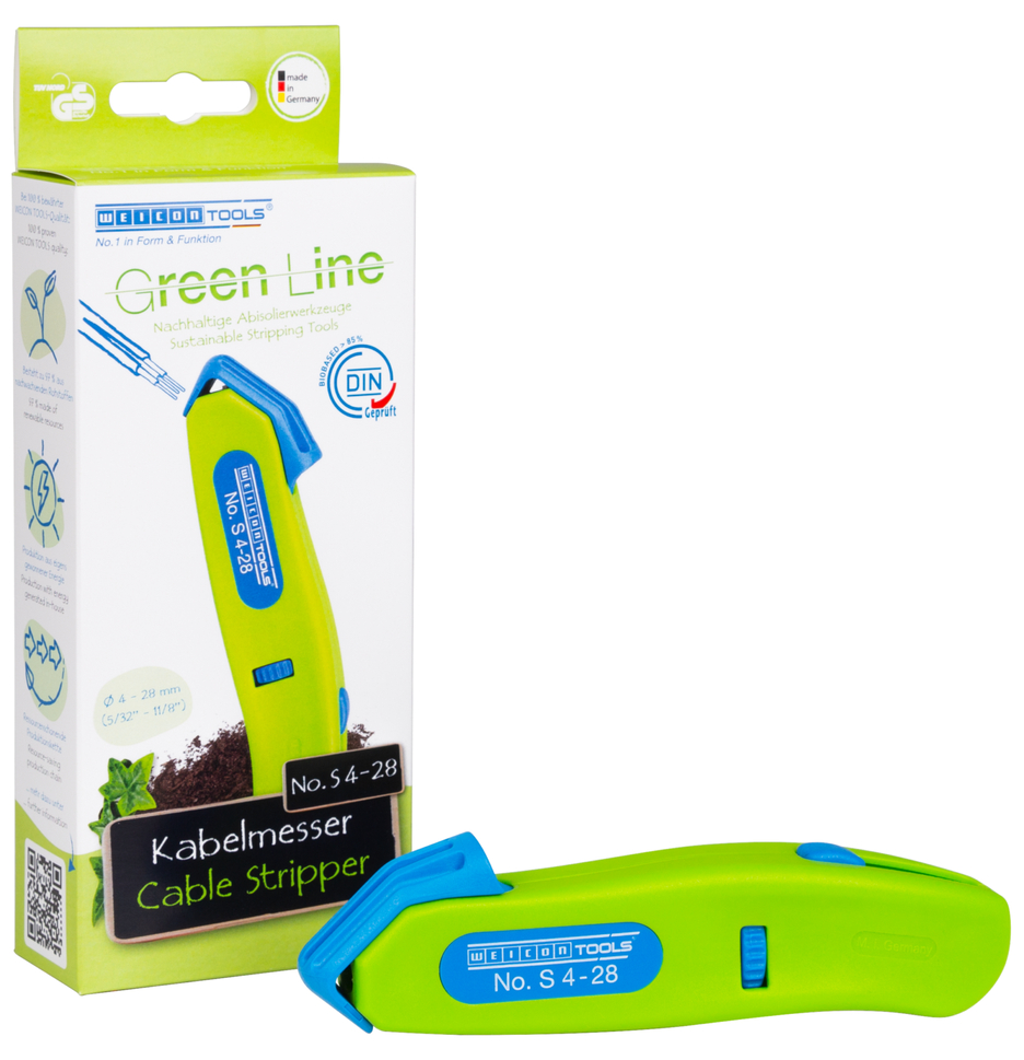 เครื่องปอกสายเคเบิล รุ่น S 4 - 28 Green Line | เครื่องมือปอกสายที่ยั่งยืน | พร้อมใบมีดตะขอที่สามารถดึงกลับได้ | ช่วงการทำงาน 4 - 28 มม. Ø